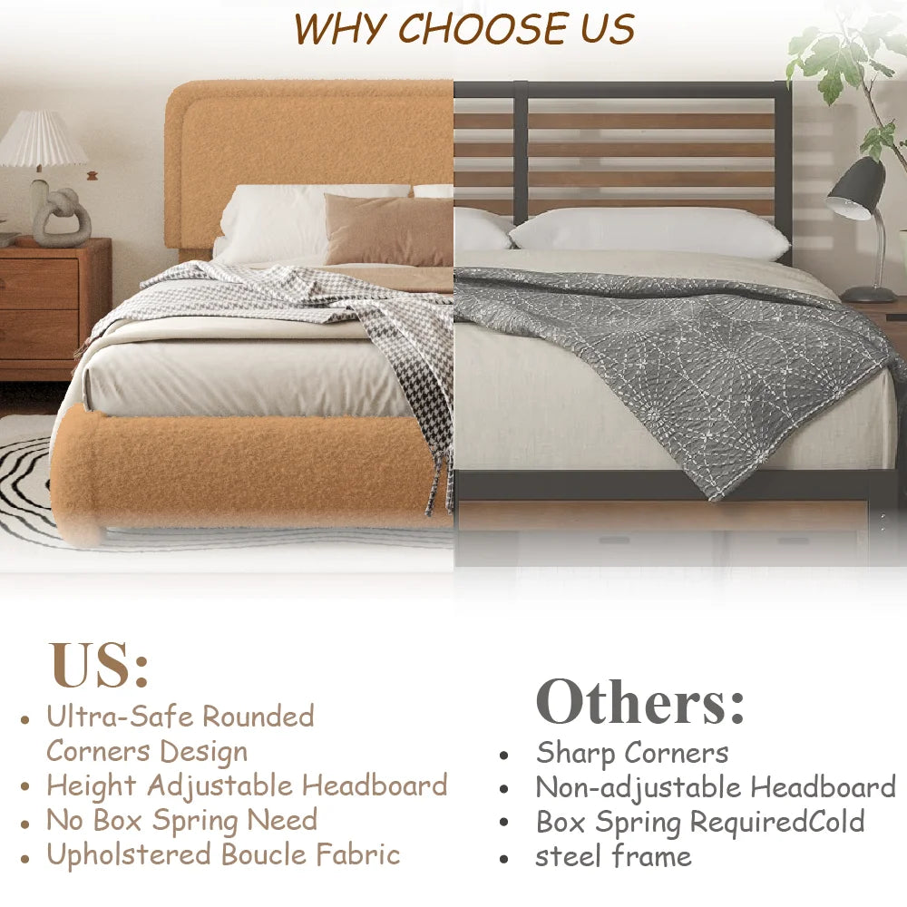 VIPLOV King Size Boucle Bed Frame, Cloud Upholstered Platform Bed with Height Adjustable Headboard & Soft Rounded Corners, No Noise Free, Easy Assembly,Beige