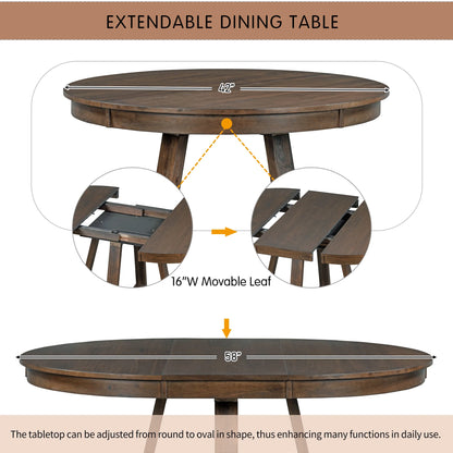5 Piece Round Dining Table Set, Dining Room Set with Extendable Table and 4 Upholstered Chairs, Wood Dining Table Set for 4, Farmhouse Dining Table Set for Kitchen Dining Room Dorm Apartment, Brown