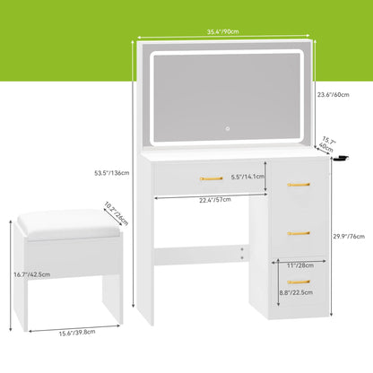 Dextrus Makeup Vanity Desk with Large Lighted Mirror and Storage - Enhance Your Beauty, Routine 4 Drawer Vanity Table with Cushioned Stool, Milky-White