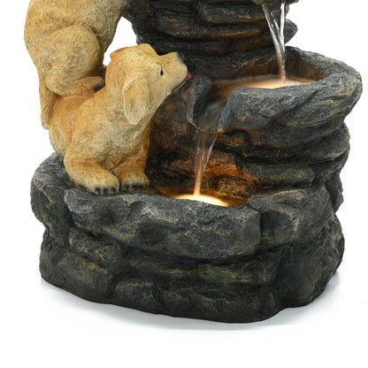 LuxenHome Outdoor Water Fountain, 26" Puppy and Rock Resin Water Fountains Indoor with LED Lights
