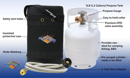 Flame King Gas Hauler Pro Kit - Insulated Protective Carry Case, 5lb Propane Tank with Built-in Gauge and 5-ft Adapter Hose for Camping and Outdoor Adventures