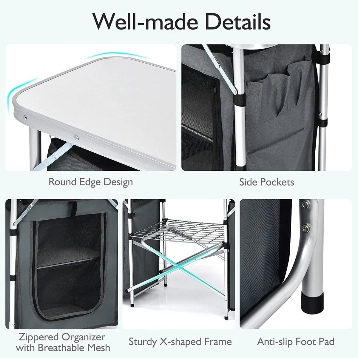Camping Kitchen Table with Storage, Aluminum Portable Outdoor Cooking Table with Windscreen, Foldable Camp Table Cook Station for BBQ, Grill, Party, Picnics