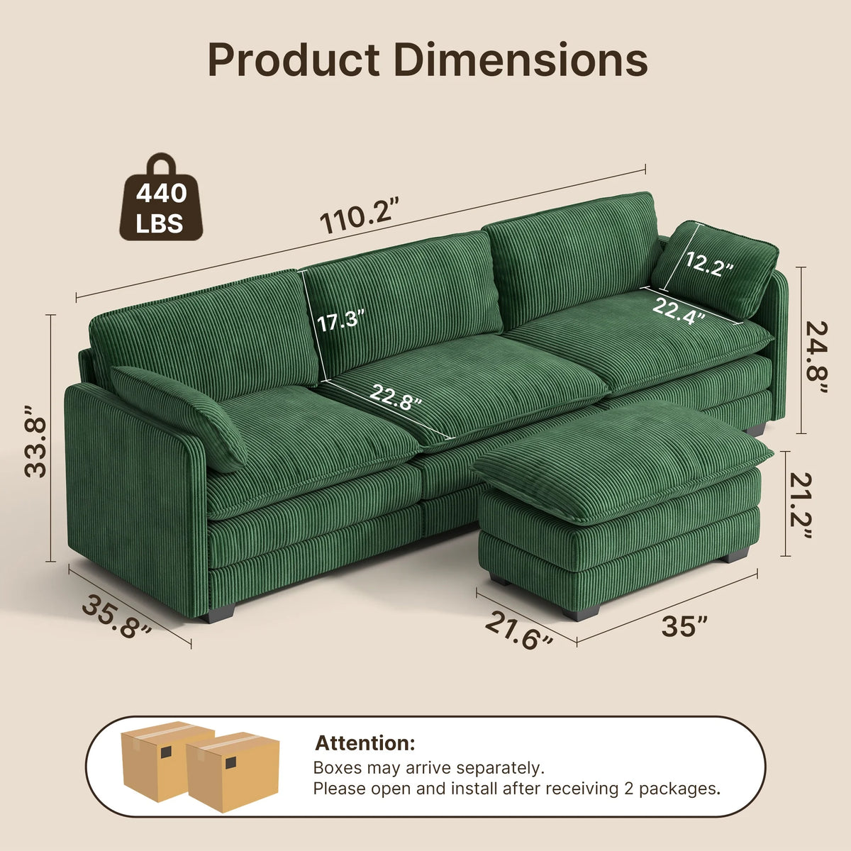 Lofka 110 Modular Sectional Sofa Bed with Double Layer Cushions and Movable Ottoman, Modern Comfy Cloud Couch for Living Room, DIY Combination, Green