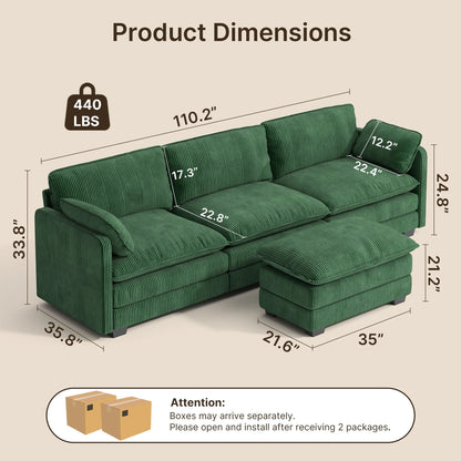 Lofka 110 Modular Sectional Sofa Bed with Double Layer Cushions and Movable Ottoman, Modern Comfy Cloud Couch for Living Room, DIY Combination, Green