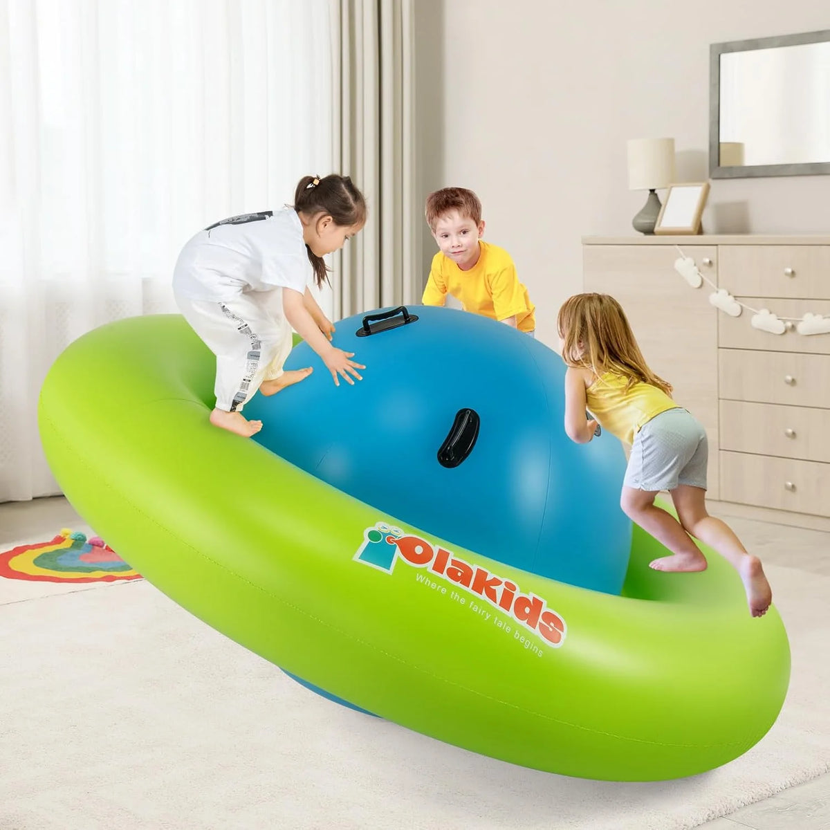 OLAKIDS 8FT Inflatable Dome Rocker Bouncer, Outdoor Kids Giant Roll and Play Seesaw Rocker with 6 Secure Handles, Max Weight 250 LBS, Toddlers Climbing Toy Backyard Play Center Equipment