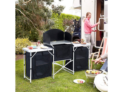 Inch Aluminum Portable Fold-Up Camping Kitchen with Windscreen and 5 Enclosed Cupboards, Cook Station, for BBQ, Camping, Picnic, Backyard