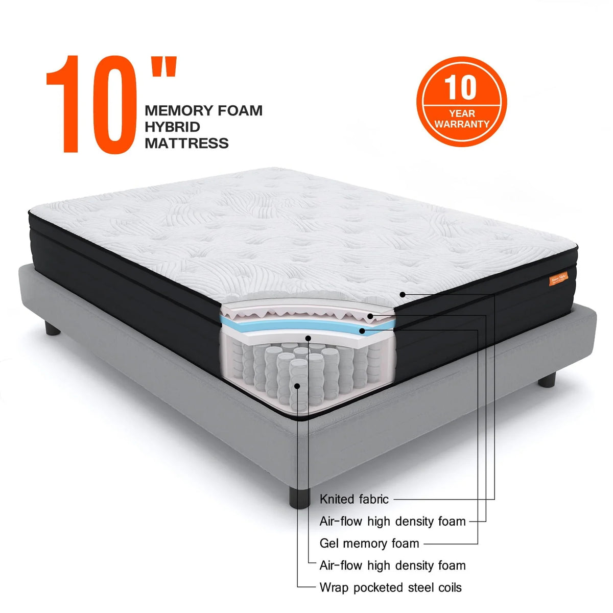 Twilight 10" Gel Memory Foam Mattress Hybrid Mattress, Queen Mattress