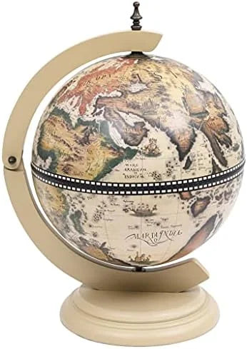 Green & Brown Tabletop Globe Wine Stand - Eucalyptus Wood with Antique Replica Frescoes and 16th  Nautical Maps - Assembly Required