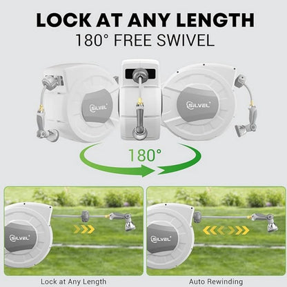 Gewna 1/2 in x 100 ft Retractable Wall Mounted Garden Hose Reel with 10 Pattern Nozzle, Any Length Lock, Slow Return System, 180 Swivel Bracket