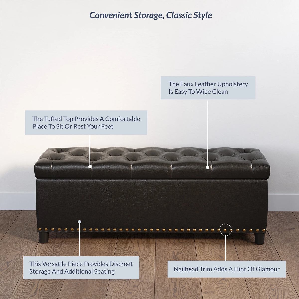 BELLEZE Button-Tufted Faux Leather Storage Ottoman Bench - Brentwood (Dark Brown)