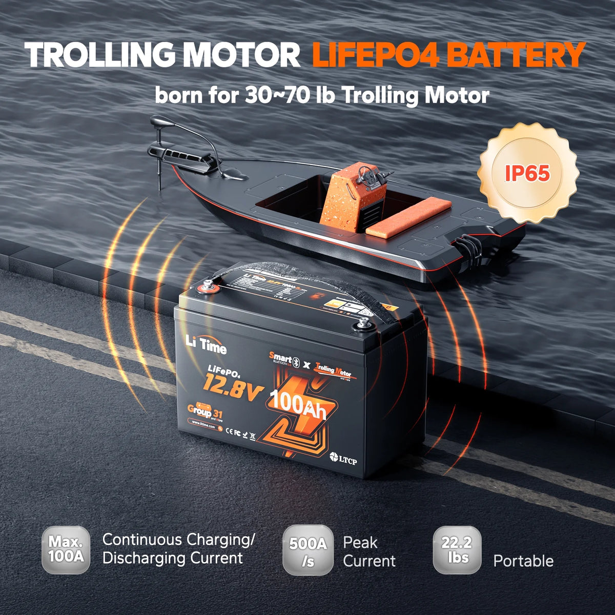 LiTime 12V 100Ah TM Bluetooth Lithium LiFePO4 Battery Low Temp Protection 1280W for Trolling Motor
