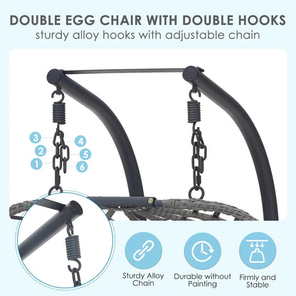 Brafab 2 Person Swing Egg Chair with Sturdy Stand and Fluffy Cushion, Large Double Hand-Woven Wicker Rattan Hanging Egg Chairs, Porch Swing Loveseat 500LBS Capacity for Indoor Outdoor, Light Grey