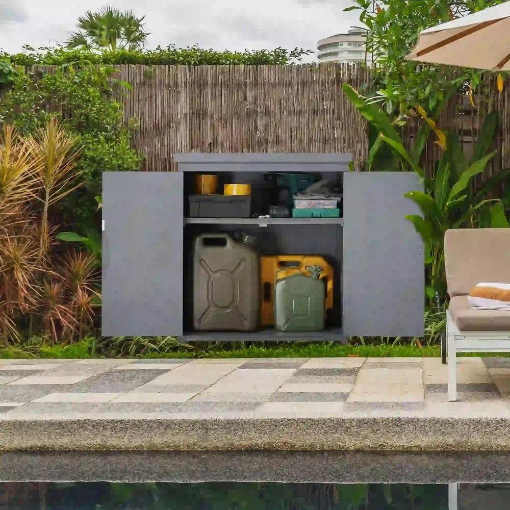 Spaco Garden Storage Cabinet, Outdoor Tool Shed with Galvanized Top and Two Shelves, Yard Tools or Pool Accessories, Gray