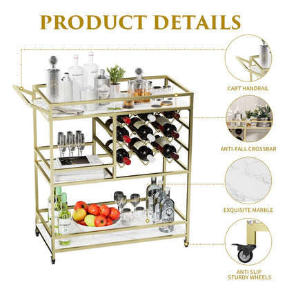 WHIFEA 3-Tier Home Bar Cart with Wine Rack, Mobile Serving Wine Cart on Wheels, Modern Rolling Drink Trolley for Coffee Tea Wine, Beverage Bar Table for Home Kitchen Party, Black