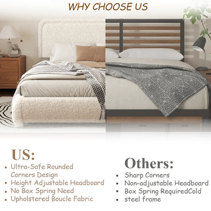 VIPLOV King Size Boucle Bed Frame, Cloud Upholstered Platform Bed with Height Adjustable Headboard & Soft Rounded Corners, No Noise Free, Easy Assembly,Beige