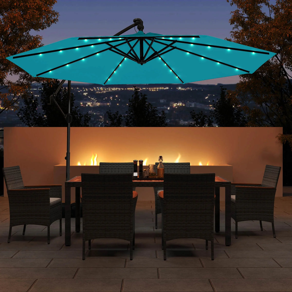 Costway 10 FT Solar Offset Hanging Umbrella Patio Cantilever Umbrella with 32 LED Lights Brown