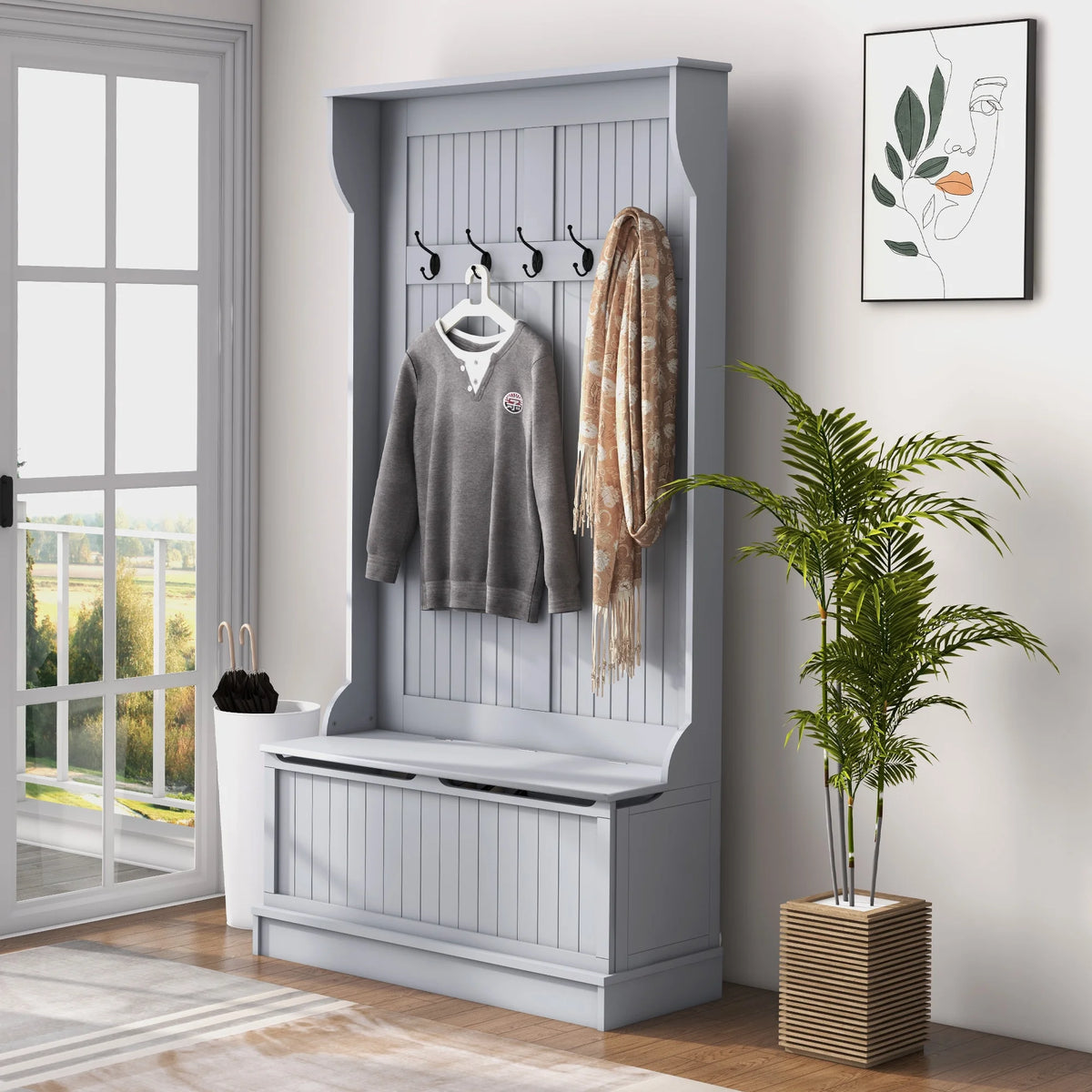 Homiyad 3-In-1 Entryway Bench with Coat Rack, Hall Tree with Bench and Shoe Storage, 5 Hooks for Hallway