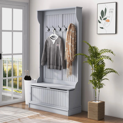 Homiyad 3-In-1 Entryway Bench with Coat Rack, Hall Tree with Bench and Shoe Storage, 5 Hooks for Hallway