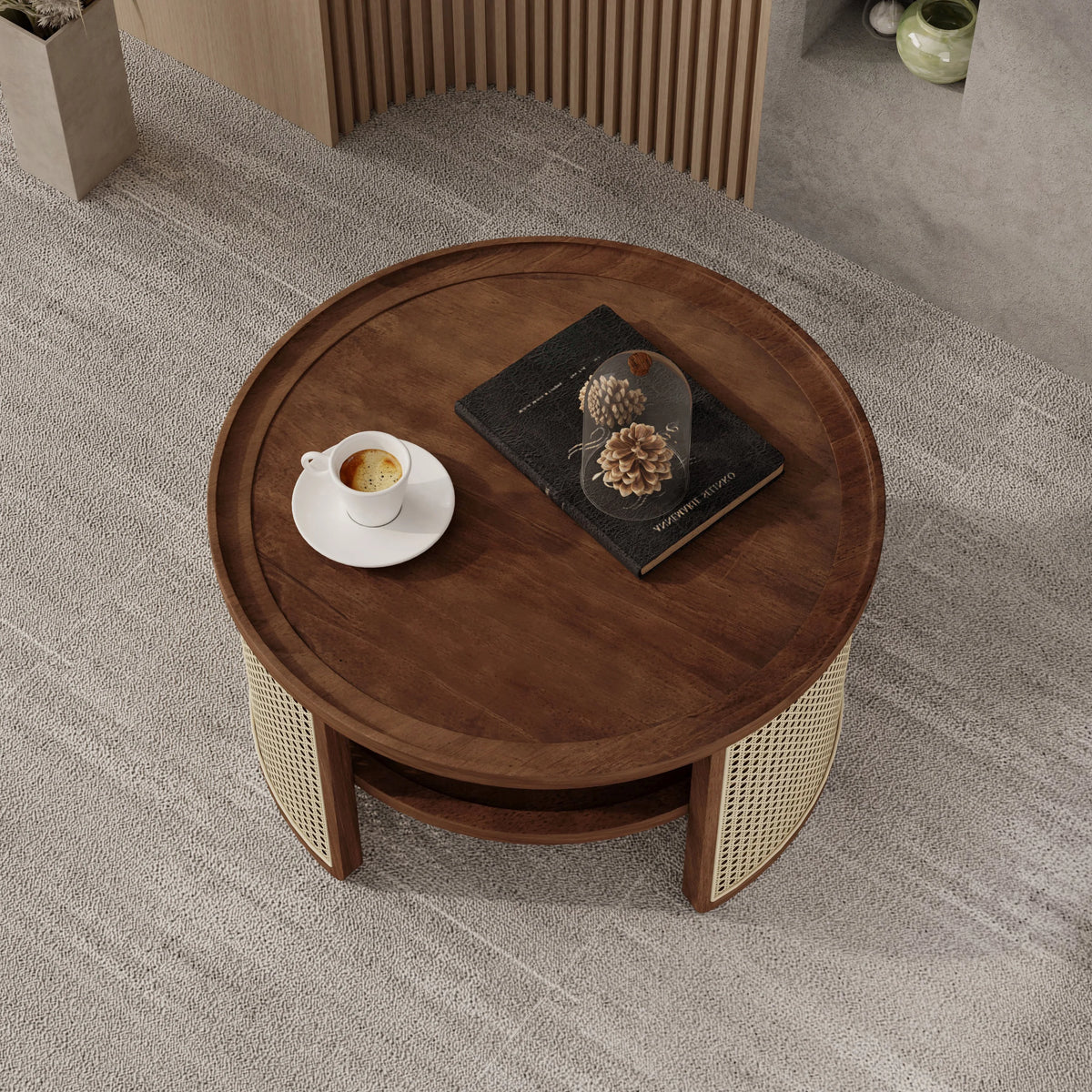 Harper & Bright Designs Rattan Round Coffee Table with Storage Shelf, Round Cane Wood Center Table for Living Room, 37'' Brown