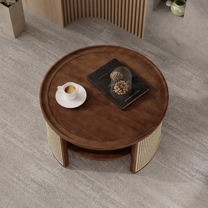 Harper & Bright Designs Rattan Round Coffee Table with Storage Shelf, Round Cane Wood Center Table for Living Room, 37'' Brown