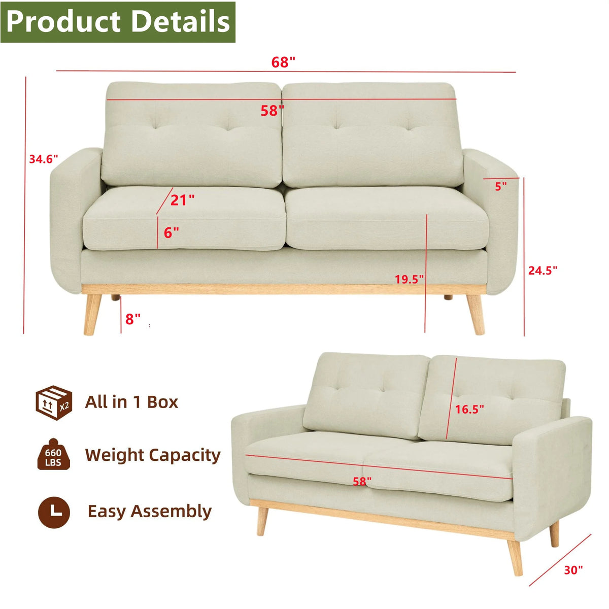 Aukfa 68" Small Sofa Couch Comfy Mid Century Modern Loveseat Sofa for Living Room Bedroom, Cream