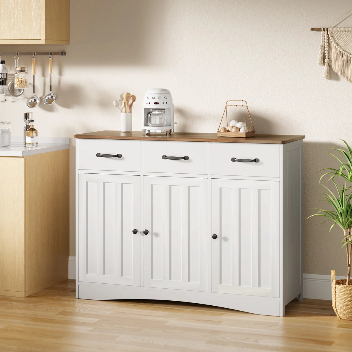 Coffee Bar Cabinet,Lofka Kitchen Storage Cabinet with 3 Drawers for Kitchen, Dining Room, Retro and White