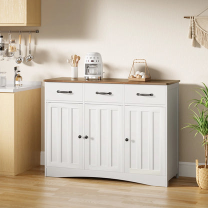 Coffee Bar Cabinet,Lofka Kitchen Storage Cabinet with 3 Drawers for Kitchen, Dining Room, Retro and White