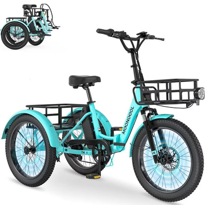 MOONCOOL TK1 Folding Electric Tricycle for Adults,48V 14.5Ah Removable battery, 500W（Peak 1000w）Motor, 20" Fat Tire Step-Thru 3Wheel Electric Bicycle w/Front&Rear Baskets, Certified to UL 2849 by SGS