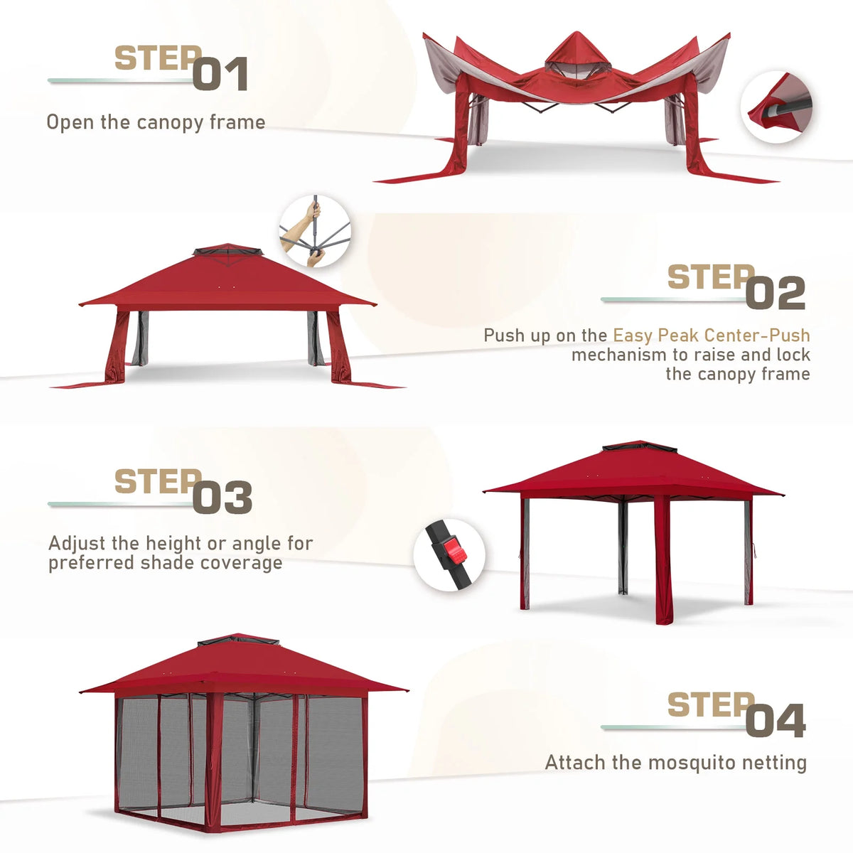 EAGLE PEAK 13' x 13' Pop-Up Gazebo Tent Instant w/Mosquito Netting，Outdoor Gazebo Canopy Easy Set-up Folding Shelter (Beige/Brown)