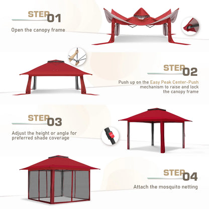 EAGLE PEAK 13' x 13' Pop-Up Gazebo Tent Instant w/Mosquito Netting，Outdoor Gazebo Canopy Easy Set-up Folding Shelter (Beige/Brown)