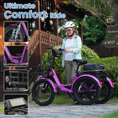 MOONCOOL TK1 Folding Electric Tricycle for Adults,48V 14.5Ah Removable battery, 500W（Peak 1000w）Motor, 20" Fat Tire Step-Thru 3Wheel Electric Bicycle w/Front&Rear Baskets, Certified to UL 2849 by SGS
