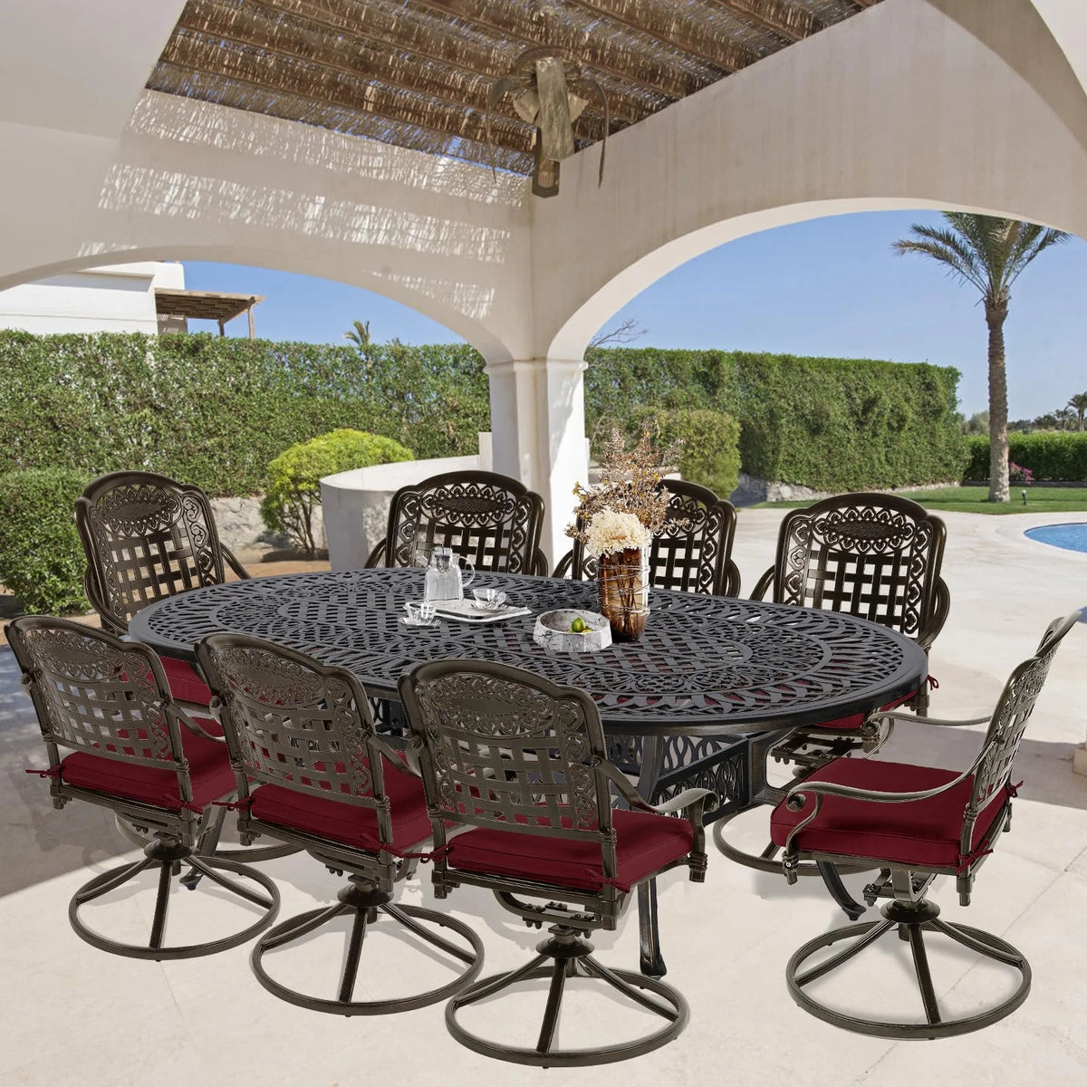 9-Piece Patio Cast Aluminum Dining Set, 8 Person Outdoor Dining Furniture Set, includes 84" Oval Table and 8 Swivel Dining Chairs with Umbrella Hole for Patio Deck Garden, Tan