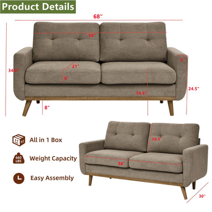 Aukfa 68" Small Sofa Couch Comfy Mid Century Modern Loveseat Sofa for Living Room Bedroom, Cream