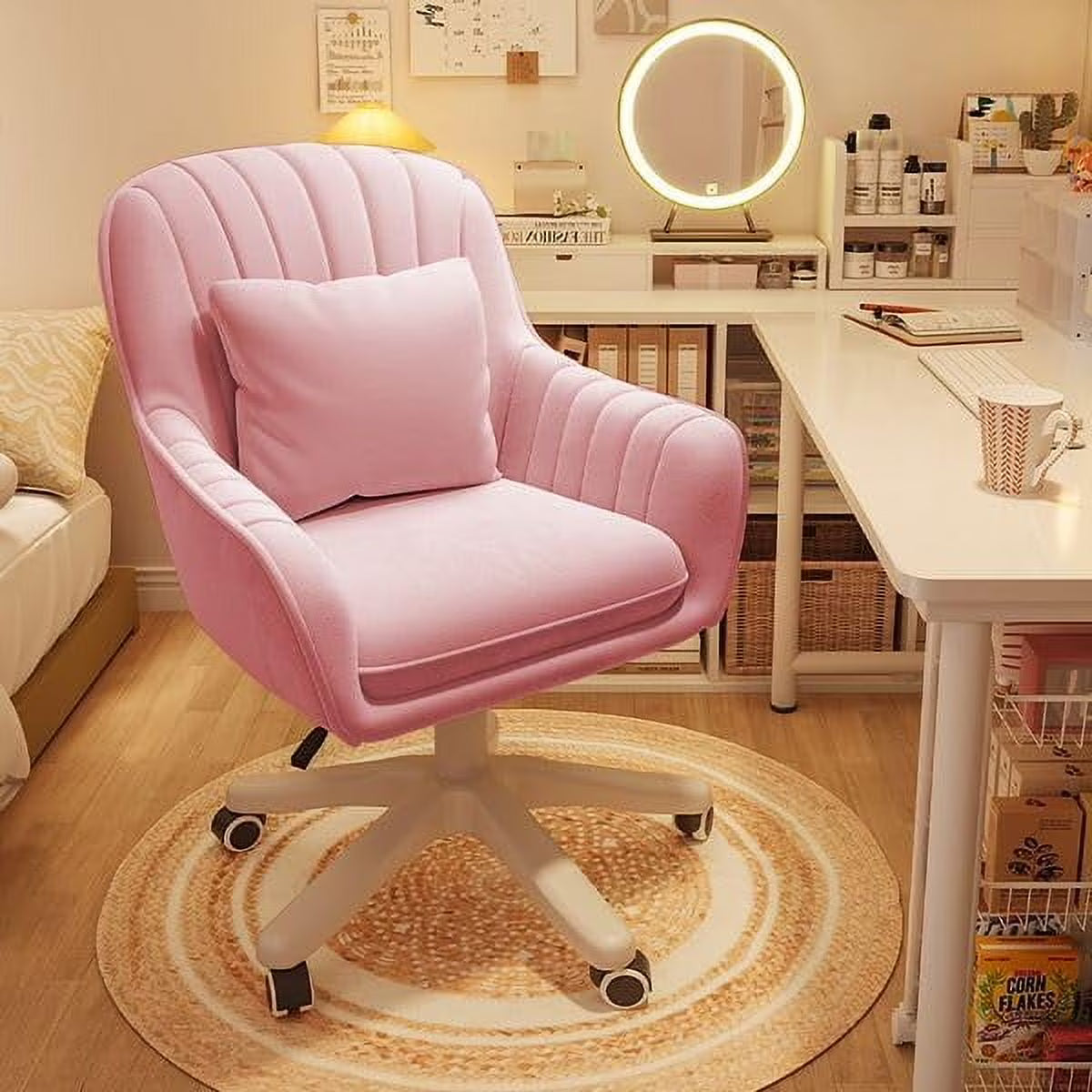 Home Office Chair Computer Chair with Mid-Back Upholstered Modern Tufted Computer Task Chair Swivel Height Adjustable Velvet Accent Chair. White