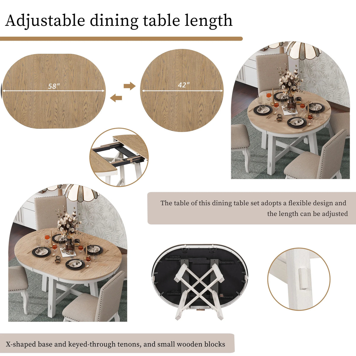 Bellemave 5-Piece Round Dining Table Set, Wood Farmhouse Extendable Dining Table and 4 Upholstered Dining Chairs, Kitchen Dining Table Set for 4 Antique White