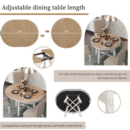 Bellemave 5-Piece Round Dining Table Set, Wood Farmhouse Extendable Dining Table and 4 Upholstered Dining Chairs, Kitchen Dining Table Set for 4 Antique White