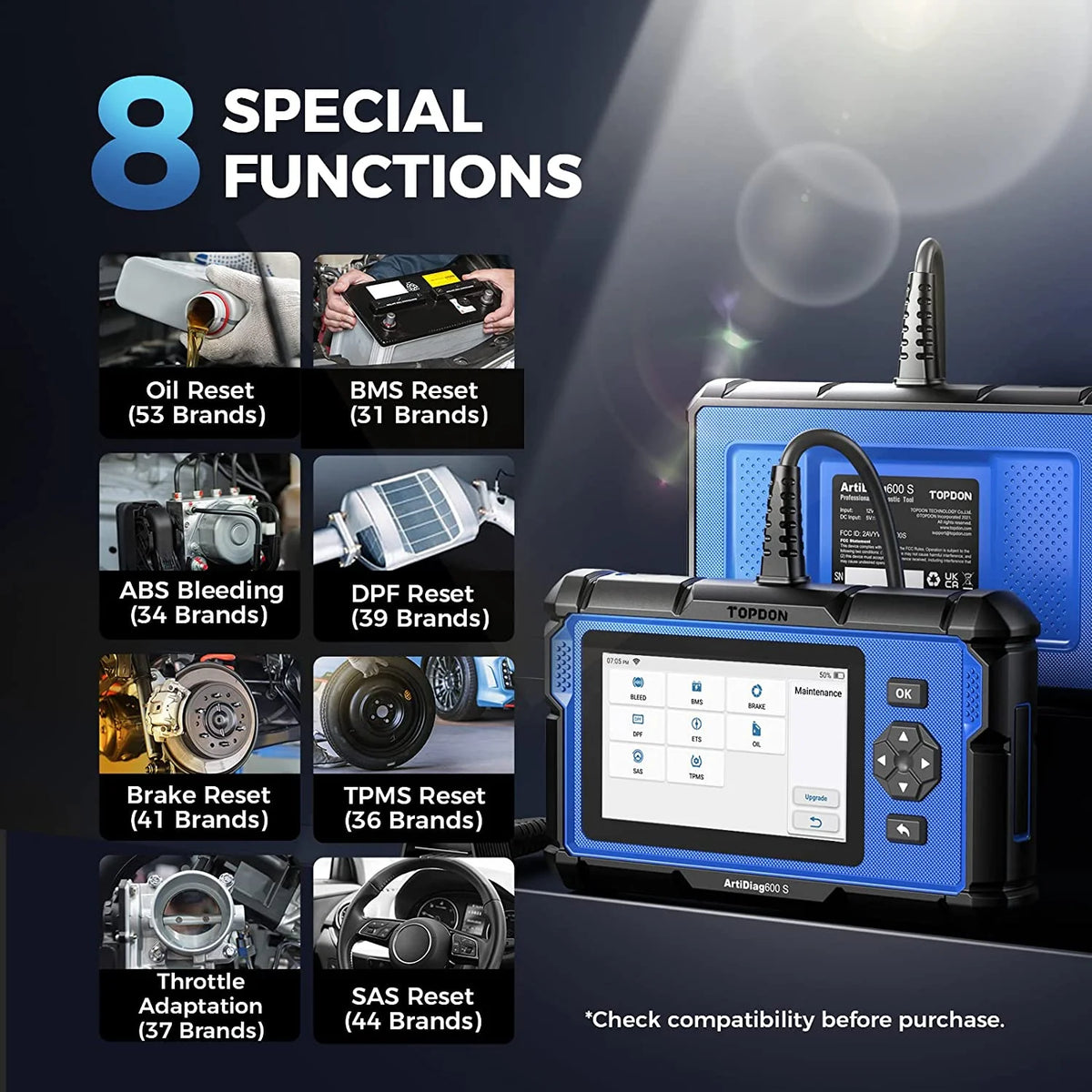 OBD2 Scanner TOPDON ArtiDiag600S Car Diagnostic Scan Tool AT/ENG/ABS/SRS Diagnoses & 8 Reset Services