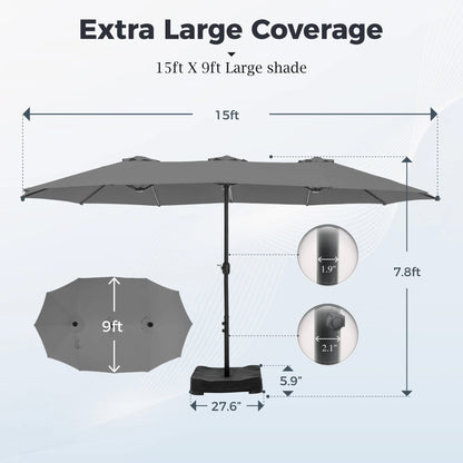 Alpha Joy 15ft Outdoor Patio Umbrella Extra-Large Double-Sided Garden Umbrella with Crank Handle and Base - Smoky Gray