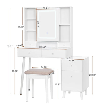 BEWISHOME Vanity Desk, White Vanity with Charging Station & Nightstand, Makeup Desk Makeup Vanity with Lights with 3 Colors Modes, Makeup Table Vanity Table with Sliding Mirror Dressing Table FST19W