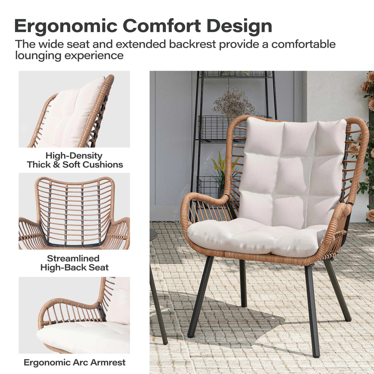 LAUSAINT HOME 3-Piece Patio Furniture Set, High Back Outdoor Bistro with Coffee Table & Beige Cushions for Garden or Deck