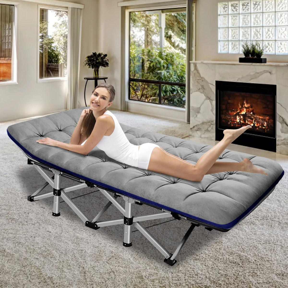 Slsy Folding Camping Cot for Adults, Folding Cot Bed for Sleeping with 2 Sided Mattress & Carry Bag, Tent Cot, Supports 880 lbs