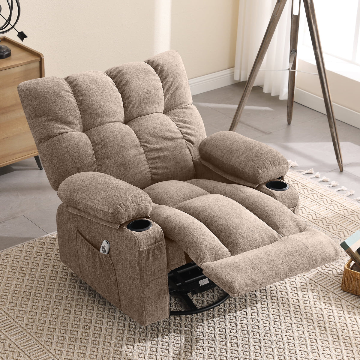 JONPONY Manual Recliner Chair with Heat Therapy and Massage Function, Heavy Duty Reclining Mechanism Massage Chair, Elderly Single Rocker Sofa with Cup Holders for Bedroom Home Theater,Grey