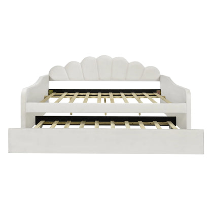 EUROCO Upholstery Full Size Platform Bed, Upholstered Daybed with Headboard and Trundle, Beige