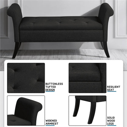 SMILE MART Modern Fabric Tufted Storage Bench with Rolled Arms for Home, Black