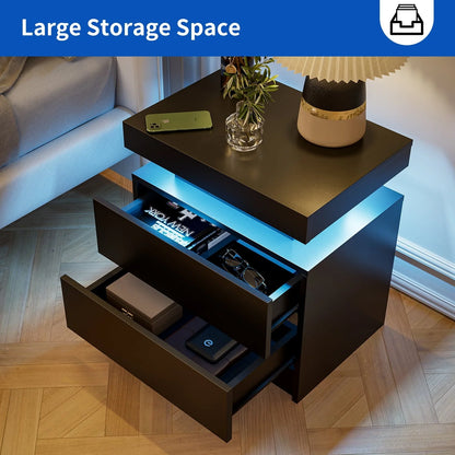 LED Nightstand Set of 2, Modern Bedside Table with 2 Drawers Storage Space, Adjustable Colors LED Light, Black