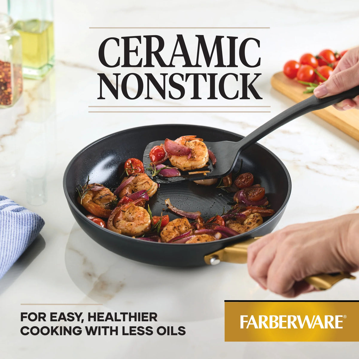 Farberware Forged Induction 12 Pcs Ceramic Nonstick Set with Cooking Tools, Dishwasher Safe and Oven Safe to 500F, Black