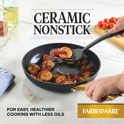 Farberware Forged Induction 12 Pcs Ceramic Nonstick Set with Cooking Tools, Dishwasher Safe and Oven Safe to 500F, Black