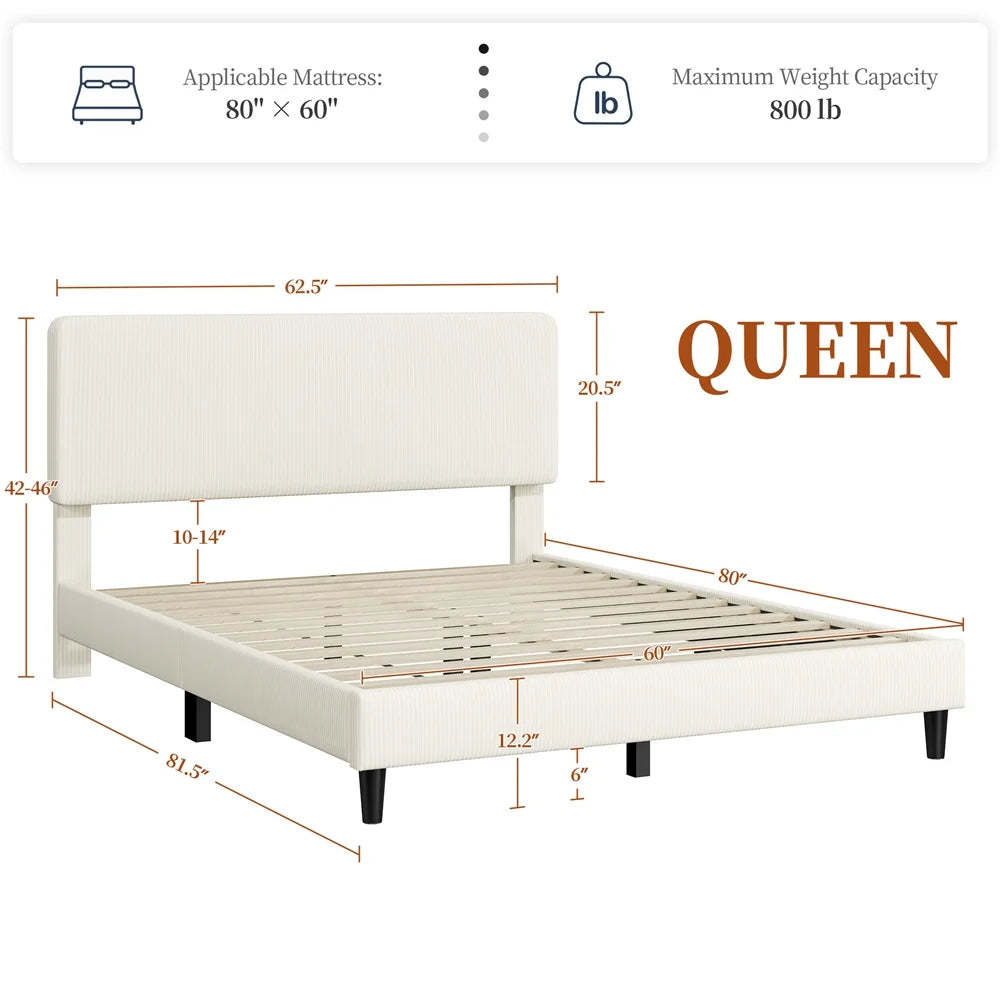 Yaheetech Upholstered Platform Bed with Adjustable Headboard, Queen, Beige