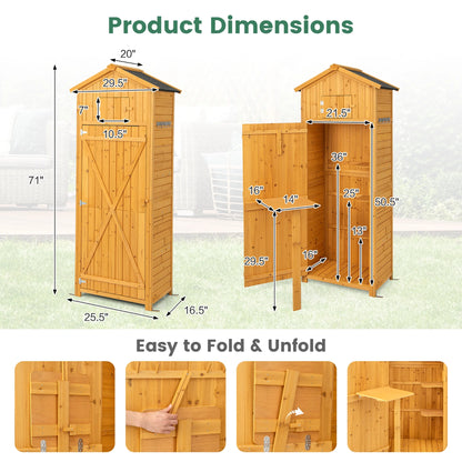 Costway Outdoor Lockable Wooden Storage Shed with Shelves, 71"x29.5"x20", Natural