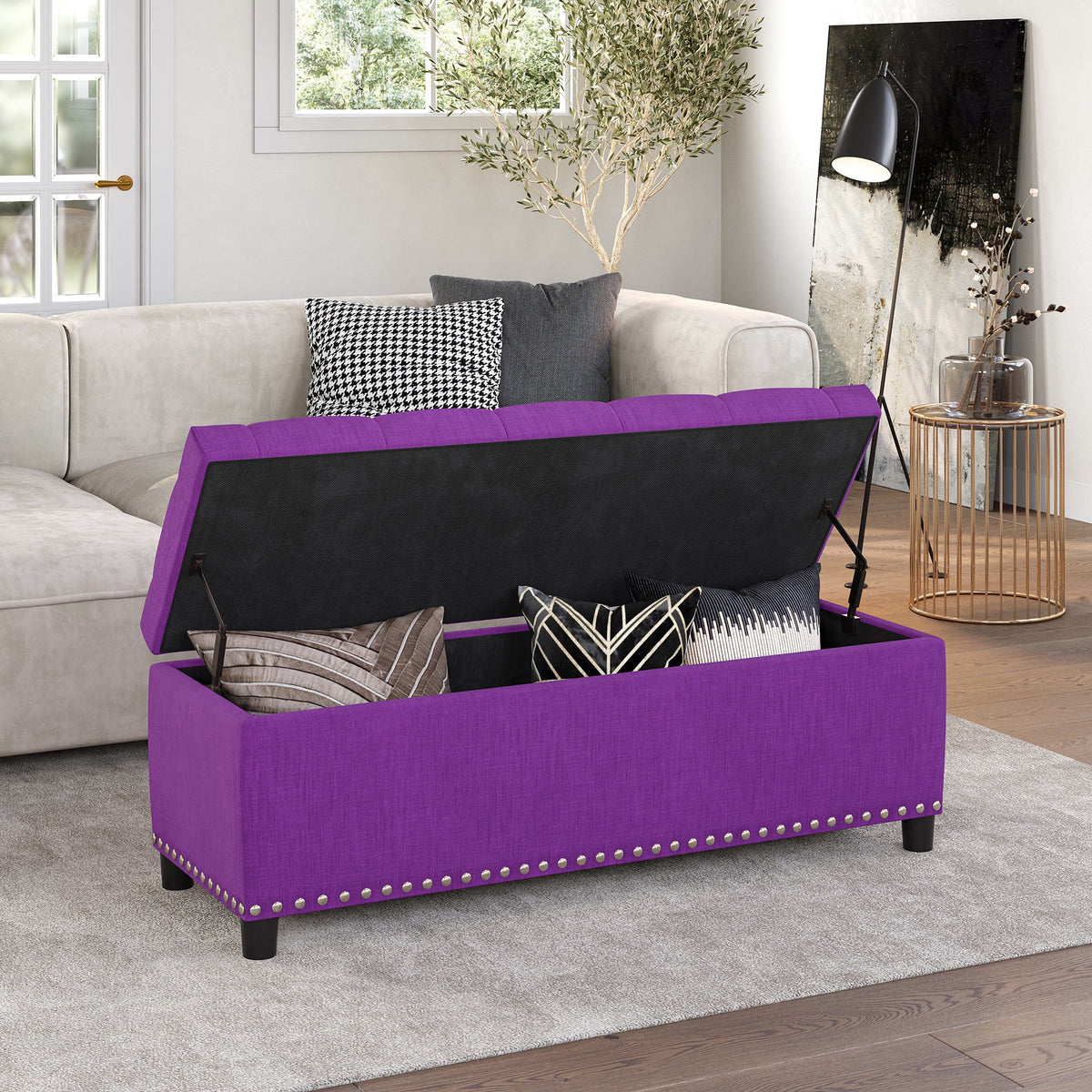 BELLEZE Button-Tufted Faux Leather Storage Ottoman Bench - Brentwood (Dark Brown)